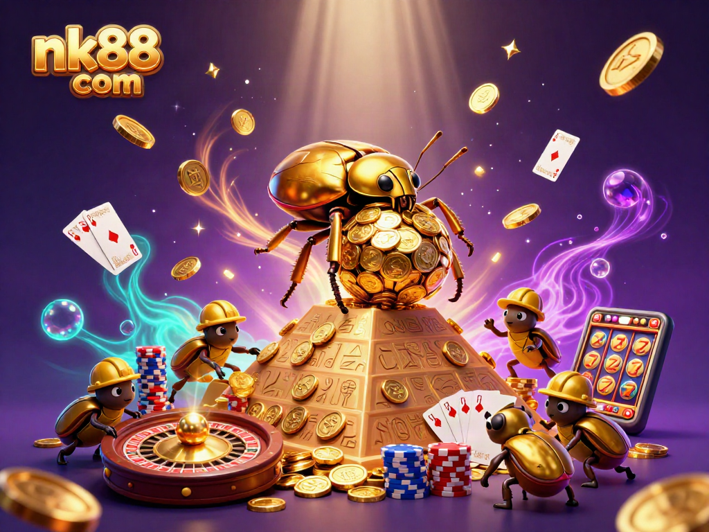 Engage in vibrant gameplay with nk88 com featuring a golden beetle amidst cascading coins and cards.