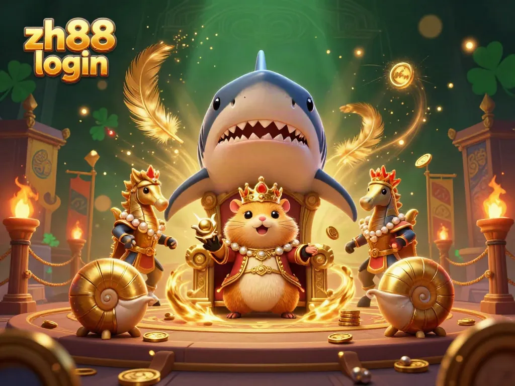 Experience the thrill of zh88 login as the golden hamster king reigns in an exciting casino-themed illustration.