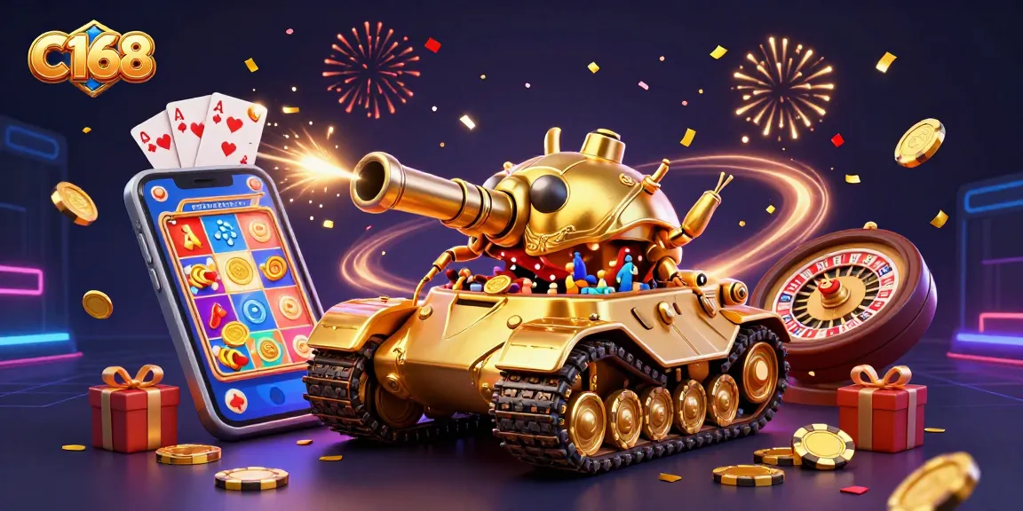 C168 offers an exciting experience with mini casino elements revealing golden prizes amidst a vibrant backdrop.