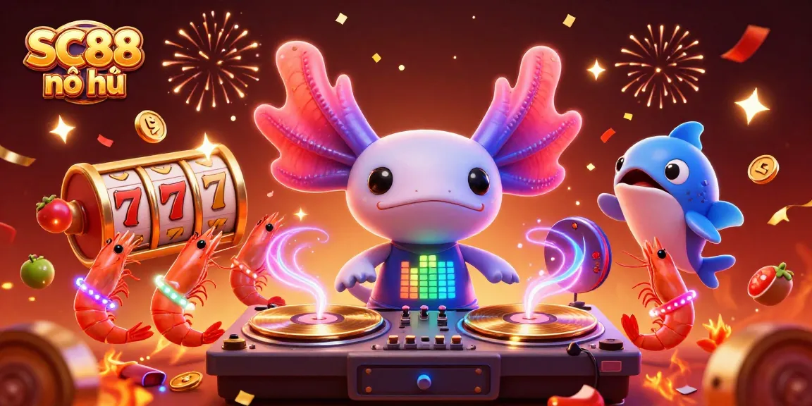 Experience SC88 nổ hũ with vibrant axolotl DJ and jackpot excitement in this colorful casino scene.