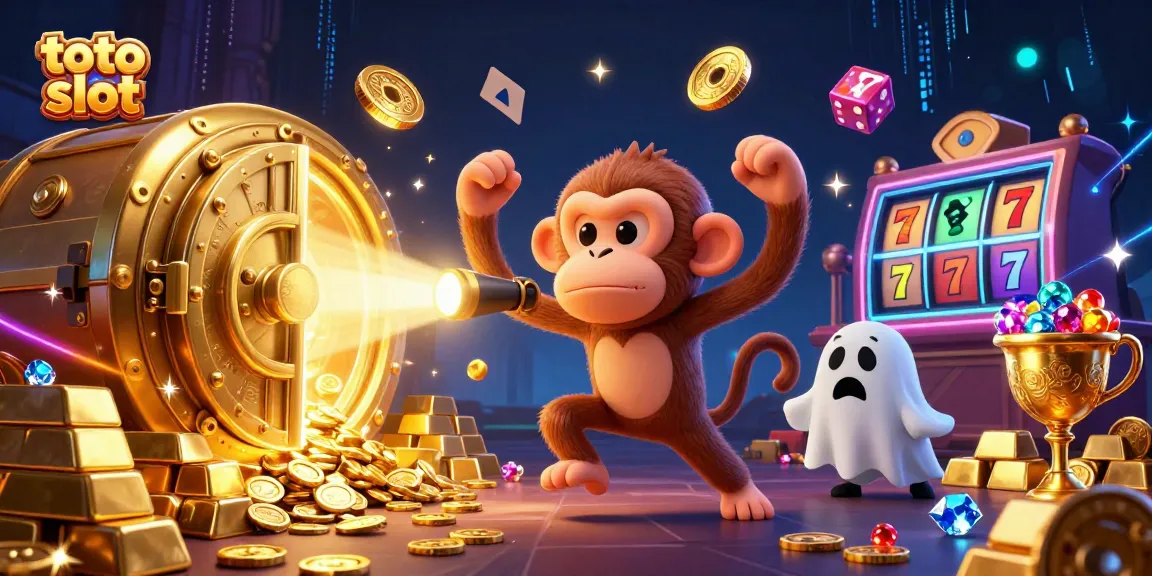 Experience thrilling toto slot gameplay with a poltergeist monkey and ghost-hunter puppy in a haunted casino.