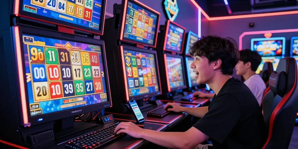 Excited player enjoying online gaming on NGAMENJITU platform with colorful lottery graphics.