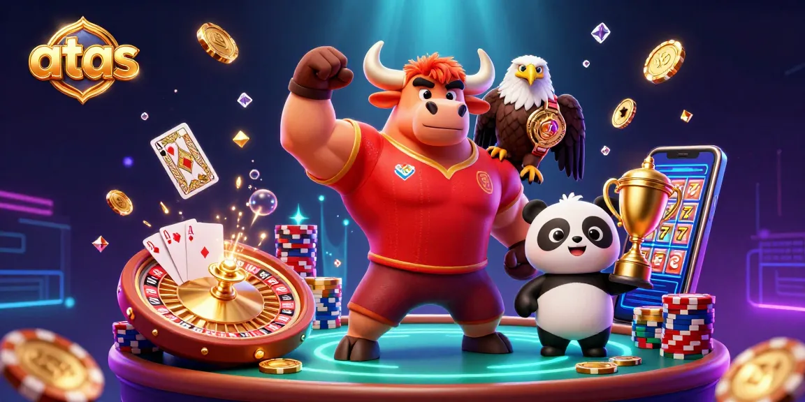Win big with ATAS, featuring a vibrant scene of a bull, eagle, and panda celebrating casino victories.