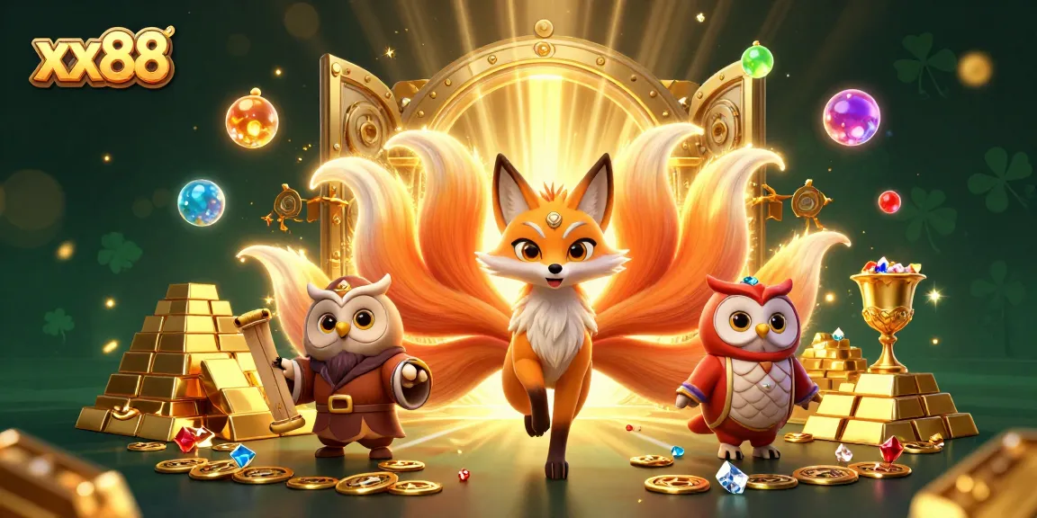Experience the fun of xx88 with a vibrant 3D illustration featuring magical elements and a treasure vault.