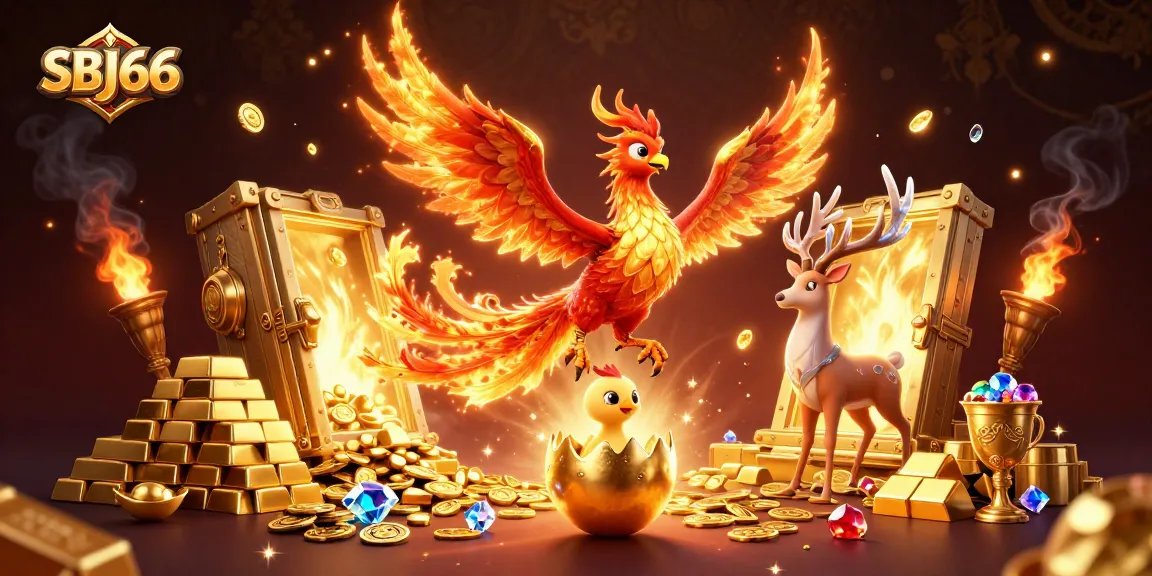 Experience the thrill of SBJ66 casino with soaring phoenix and treasure-filled illustration.