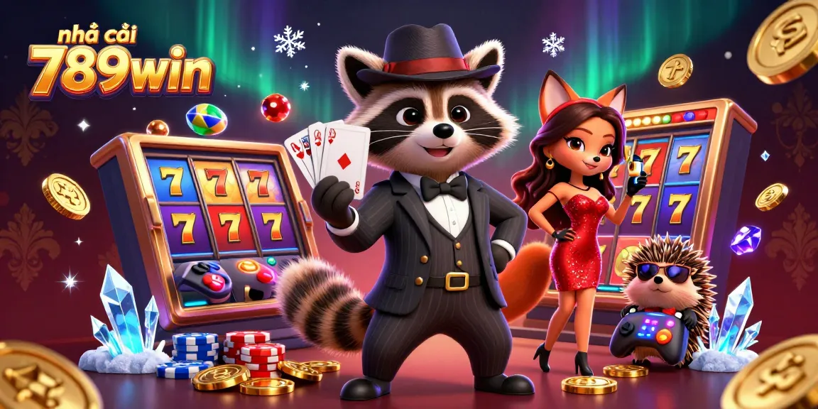 Engage with nhà cái 789win through an exciting illustration of a casino scene featuring a suave raccoon and friends.