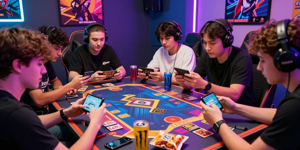 Group of young gamers engaged in sunwin card game on mobile devices in a vibrant setting.