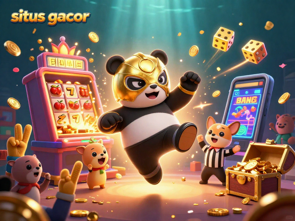 Slot gacor terbaik terlihat dalam ilustrasi 3D dengan panda pegulat dan jackpot menggelegar.