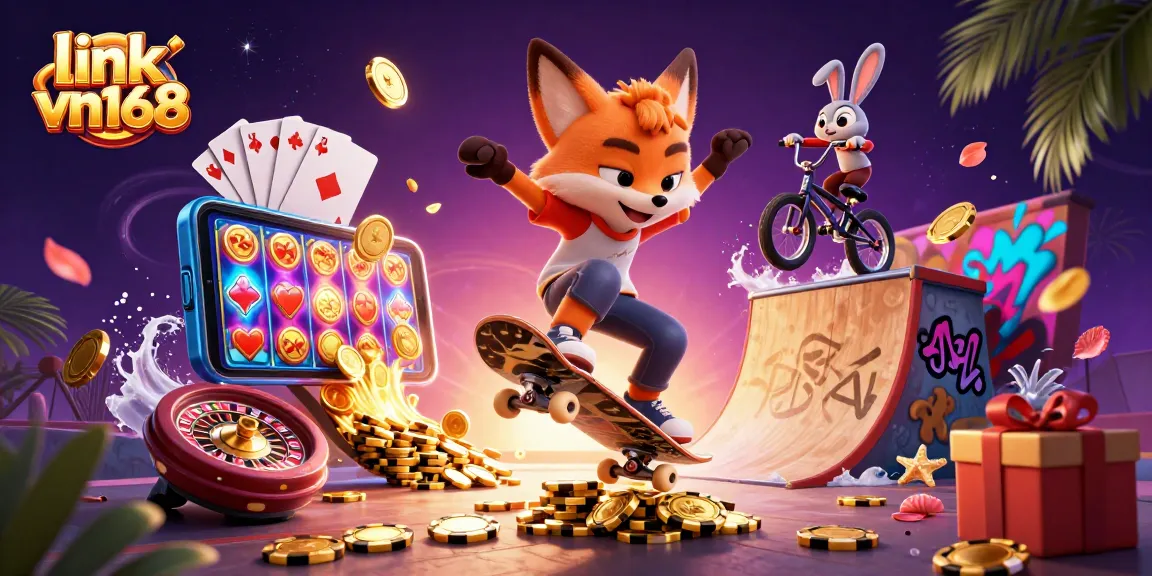 Spin and win at link vn168 with this vibrant 3D casino illustration showcasing a fox and rabbit.