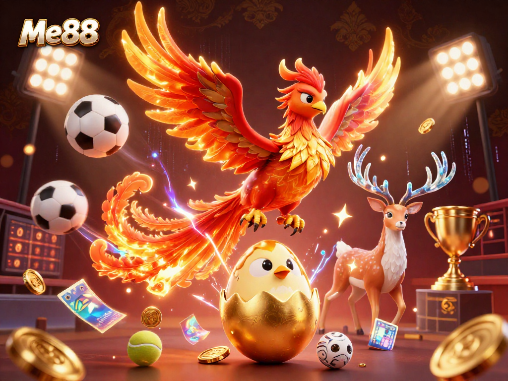 Experience Me88's thrilling world of online gaming with this vivid 3D illustration showcasing dynamic sports betting elements.