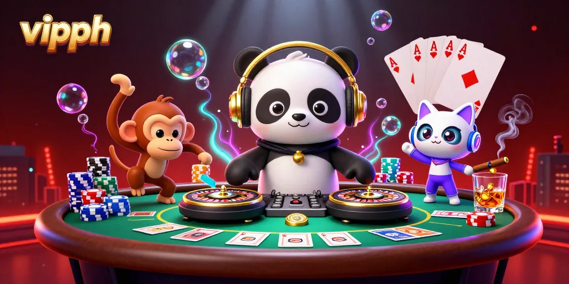 Experience thrilling gaming at vipph with a DJ panda and vibrant characters amidst a lively casino atmosphere.