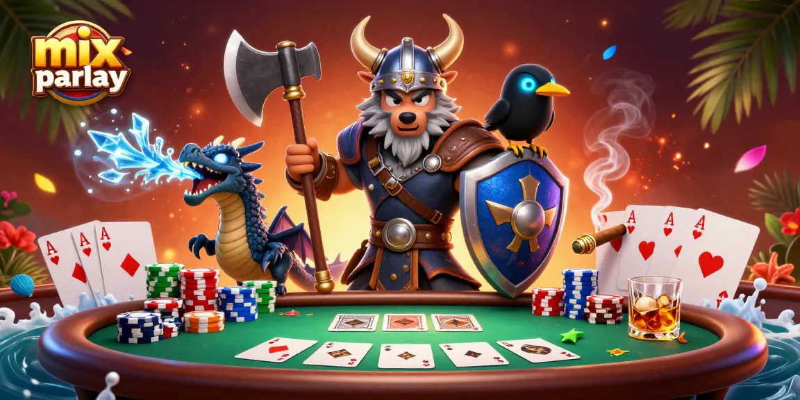 Menghadirkan momen menang mix parlay di meja poker, dikelilingi karakter kartun Viking dan naga es.