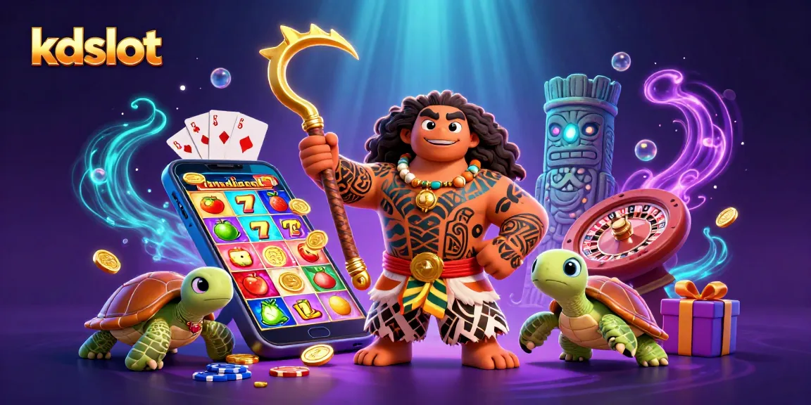 Win big with kdslot as the Maui-style hawk and turtle celebrate in a vibrant casino scene.