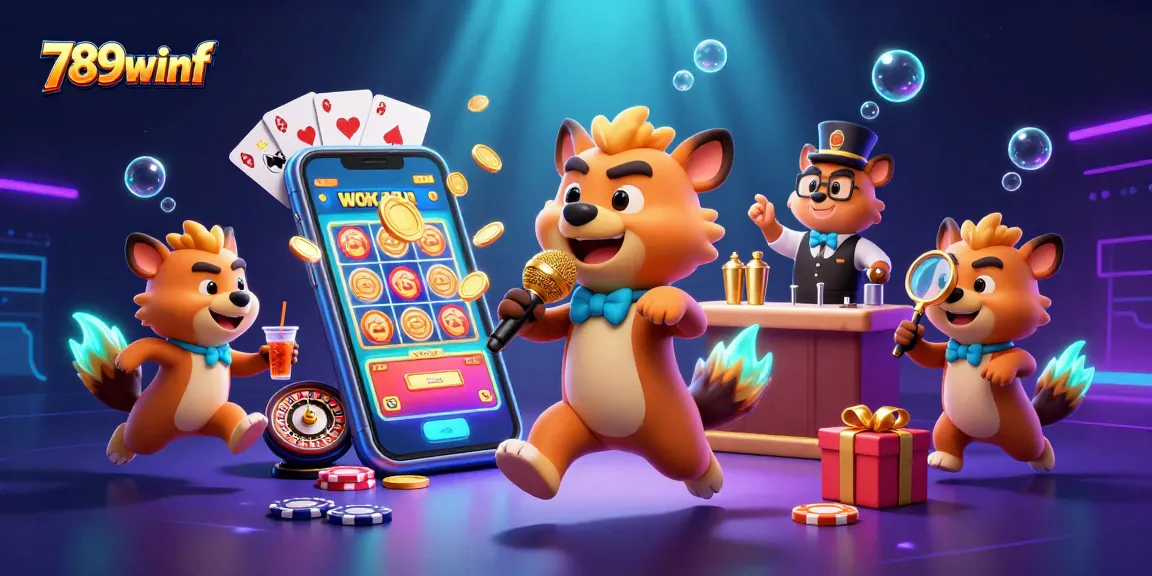 Engage with exciting slots at 789winf, featuring vibrant casino elements and animated hyena characters.