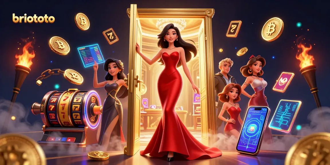 Briototo showcases a vibrant VIP casino scene with slot machines and cryptocurrency elements.
