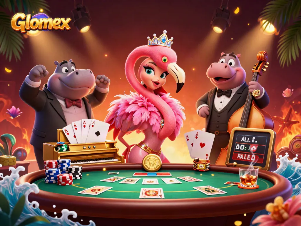 Engage with Glomex at a vibrant casino scene featuring dynamic gaming elements.