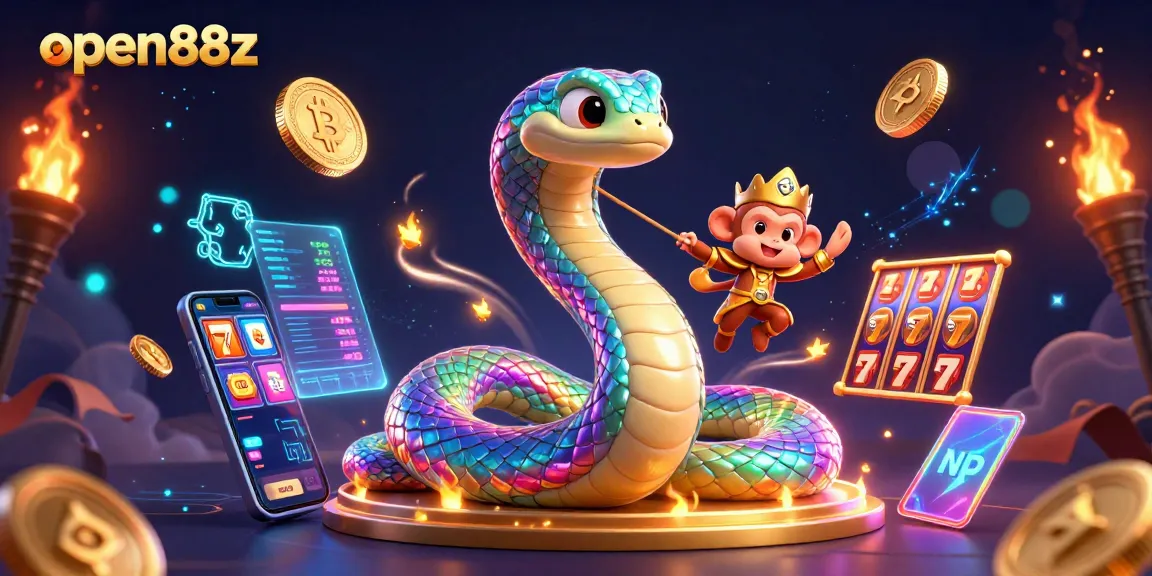 Engage in thrilling gameplay at open88z with vibrant elements including a rainbow serpent, Bitcoin coins, and energetic slot representations.