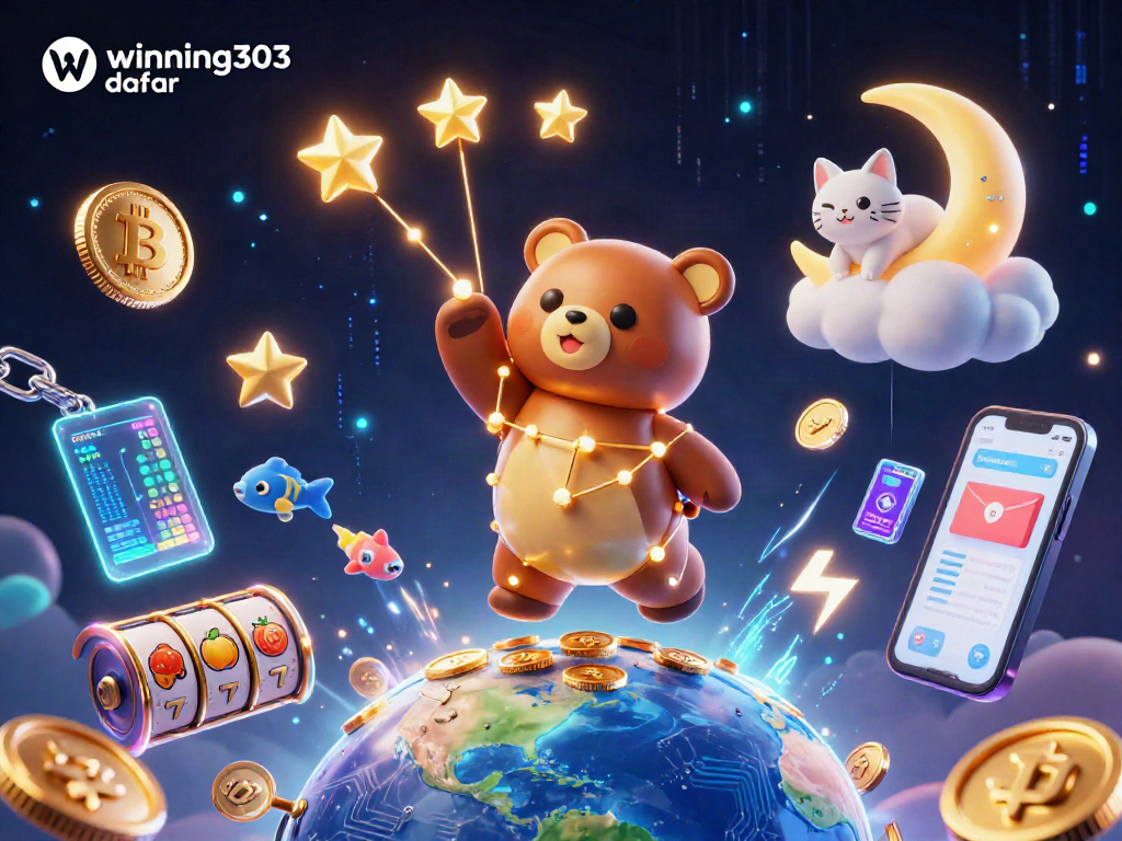 Engage in winning303 daftar with a vibrant casino scene of golden stars, coins, and crypto elements.