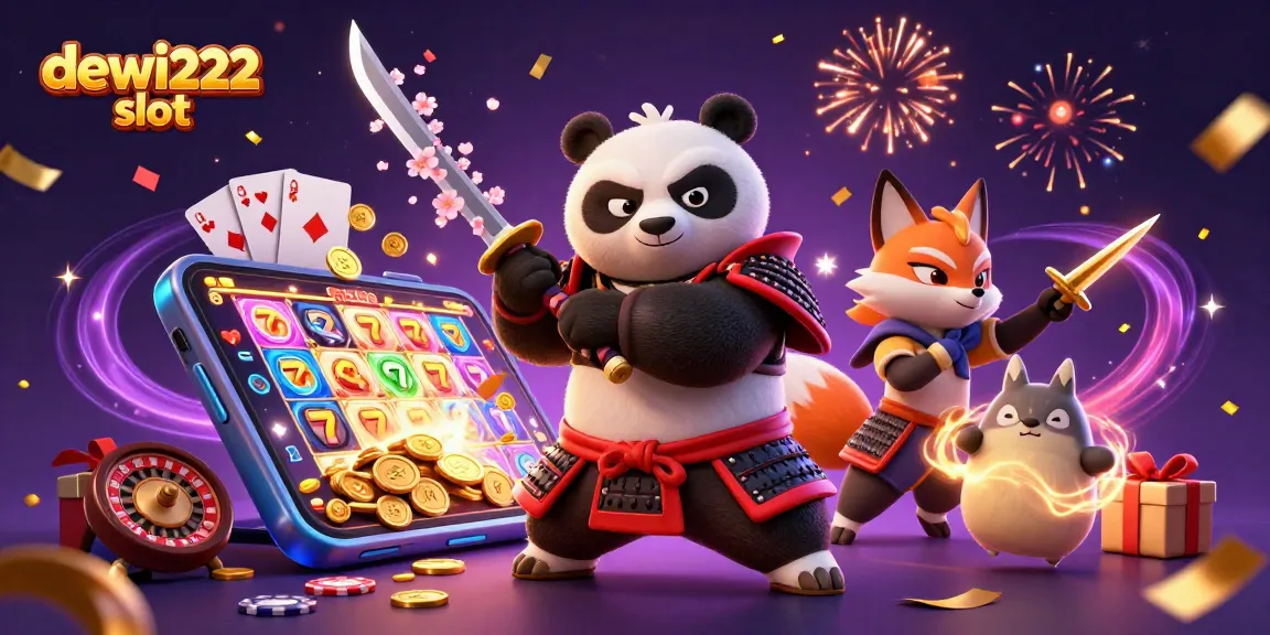 Experience thrilling dewi222 slot action with samurai panda and ninja fox in a vibrant casino scene.