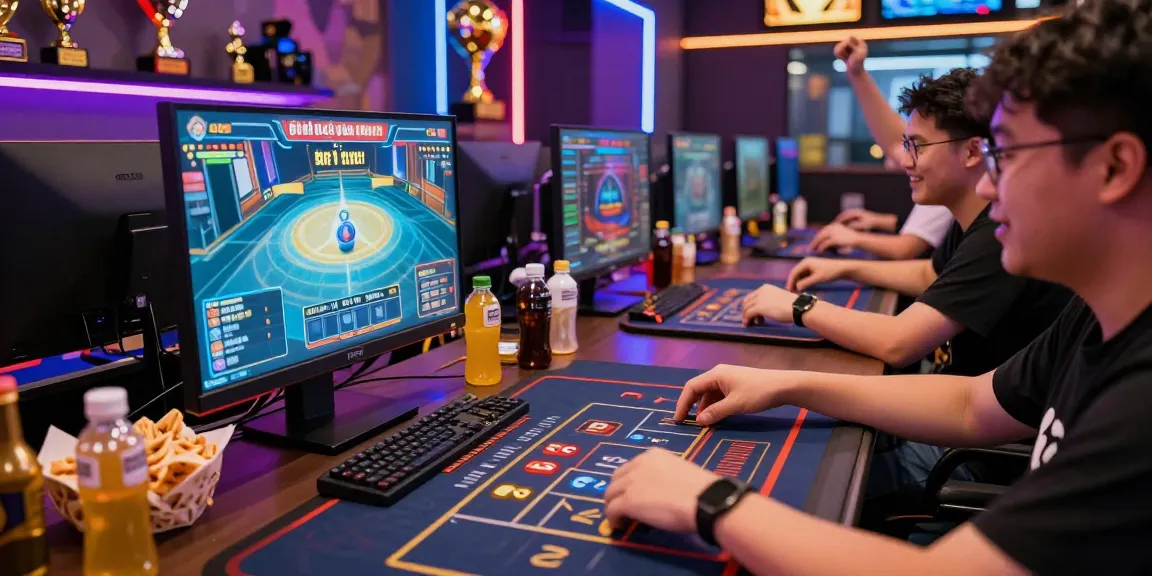 Enthusiastic players engaged in game bài đổi thưởng in a vibrant online gaming den, surrounded by colorful LED lights and game memorabilia.