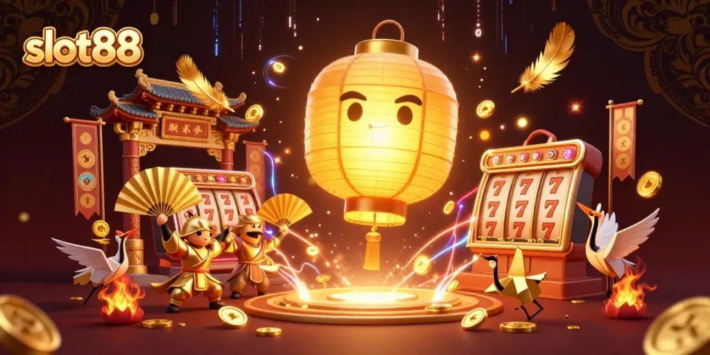 Pemain slot88 merasakan keseruan dengan lampion emas bercahaya dan pemenang jackpot di kasino.