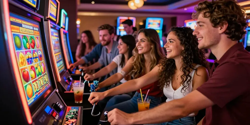 Friends enjoying a thrilling game at a slot machine in a vibrant casino atmosphere.
