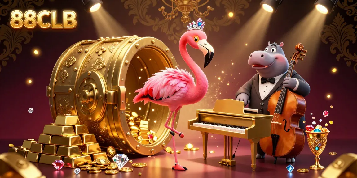 Experience the vibrant excitement of 88CLB with a lively casino scene featuring a flamingo singer and hippo bassist.
