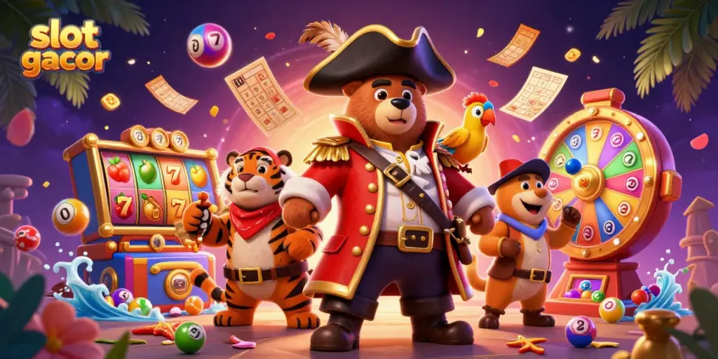Slot gacor dengan karakter beruang bajak laut dan harimau di tengah suasana kasino yang meriah.