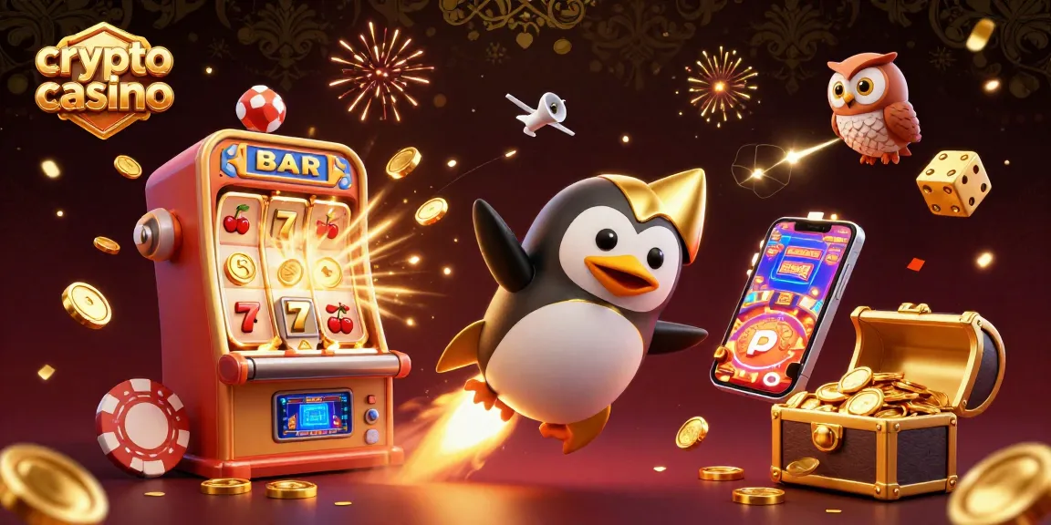 Experience the excitement of a crypto casino with a dynamic 3D illustration featuring golden penguins and jackpots.