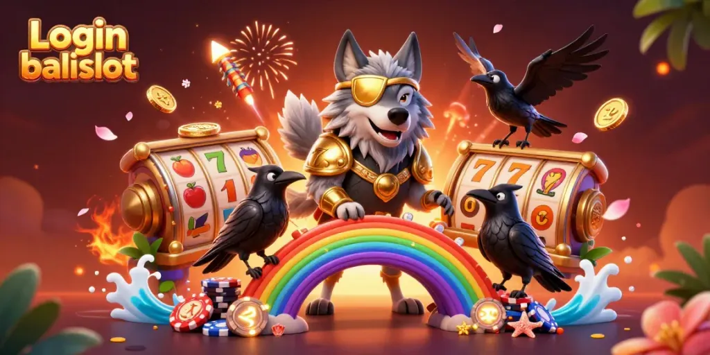 Engage with the exciting world of Login balislot with Odin and his ravens on a vibrant casino-themed rainbow bridge.
