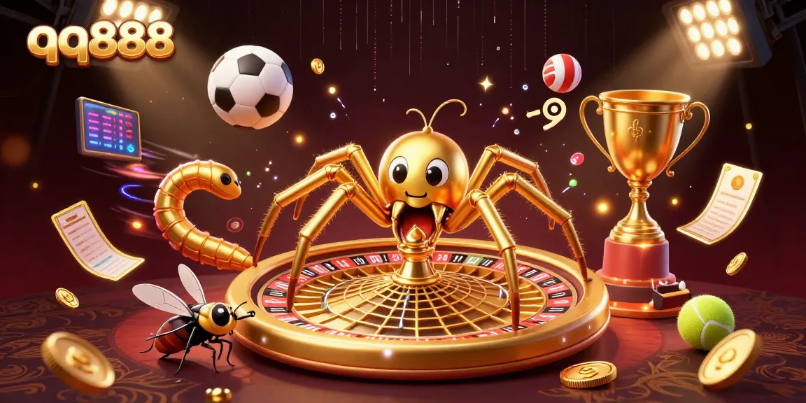 Bet on qq888 at a golden roulette wheel surrounded by dynamic sports elements and engaging characters.