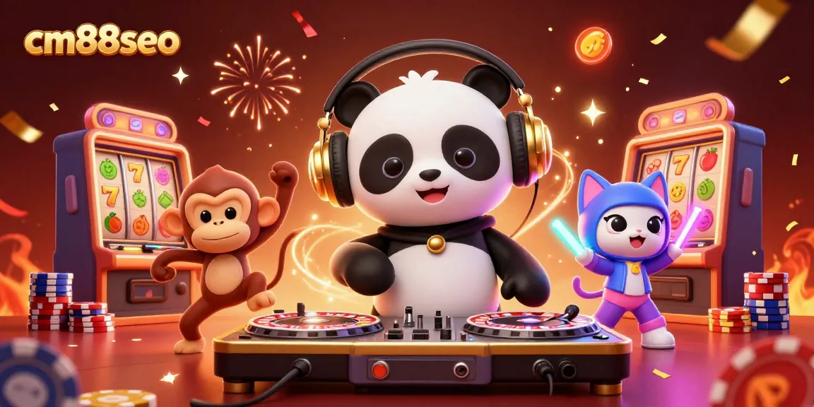 Engage in vibrant casino fun at cm88seo with cartoon characters enjoying slot reels and festive decorations.