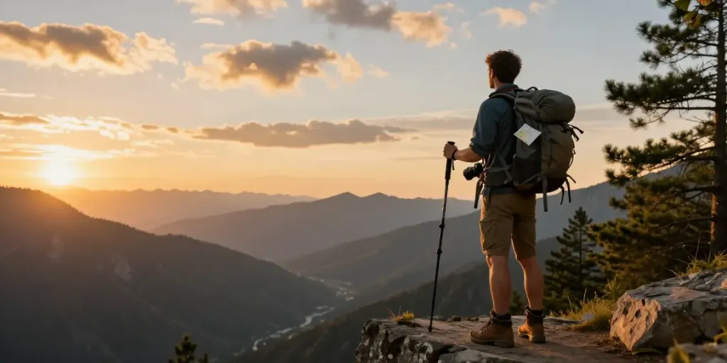 Kunjungi halaman scenic mountain viewpoint with a traveler exploring at sunset, showcasing adventure gear and stunning landscapes.