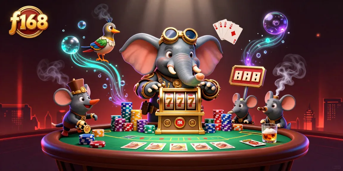 Spin the f168 slot machine with a steampunk elephant engineer and vibrant poker elements!