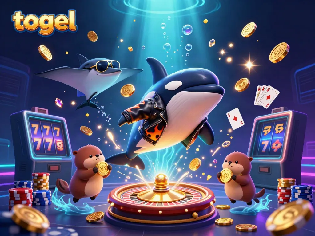 Engage in thrilling togel action with vibrant sea creatures amidst cascading coins and a spinning roulette wheel.