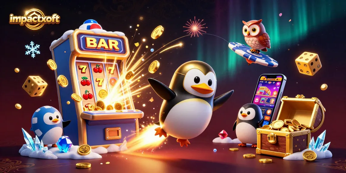 The impactxoft platform features a golden penguin soaring toward a jackpot casino, immersed in vibrant gaming elements and rich details.