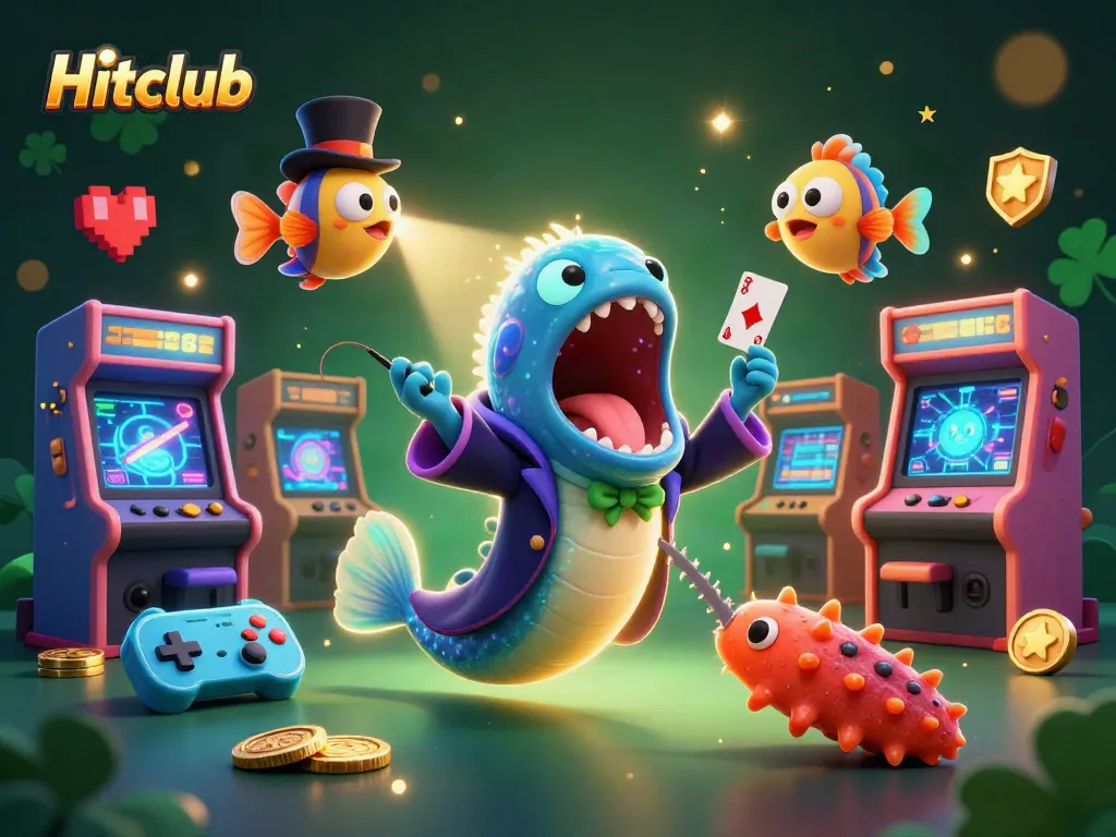 Hitclub reveals a magical scene with a glowing gulper eel performing tricks amidst arcade game elements.