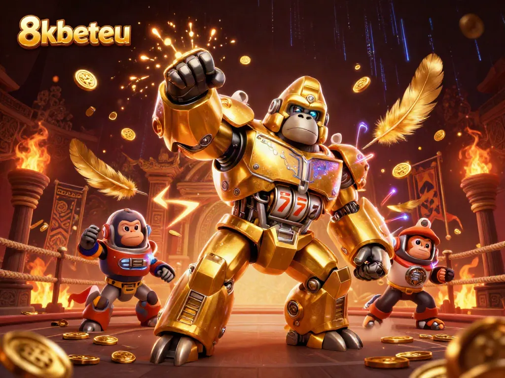 Experience the thrill of gaming with 8kbeteu's golden gorilla mech, packed with casino elements and vibrant action.