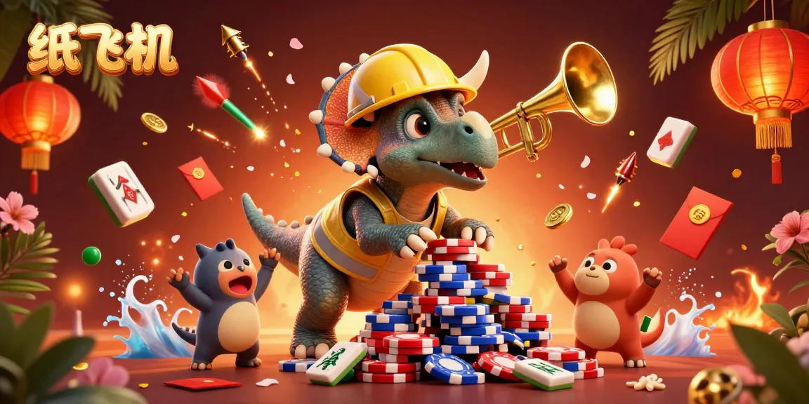 Experience the thrill of 纸飞机 with a lively 3D cartoon scene showcasing celebrating dinosaurs amidst vibrant casino elements.