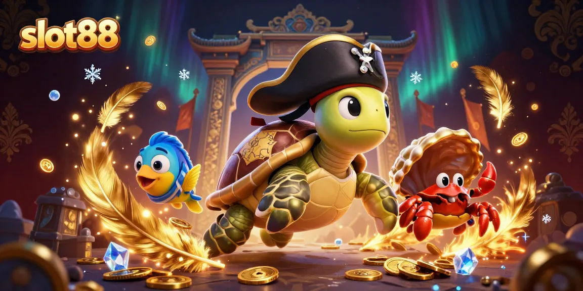 Mainkan slot88 dengan karakter lucu yang mengelilingi harta karun dalam ilustrasi kasino.