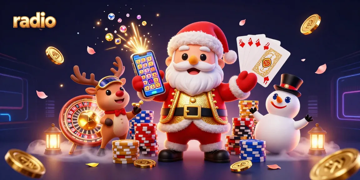 Experience exciting radio-themed gambling action with Santa at a vibrant casino.