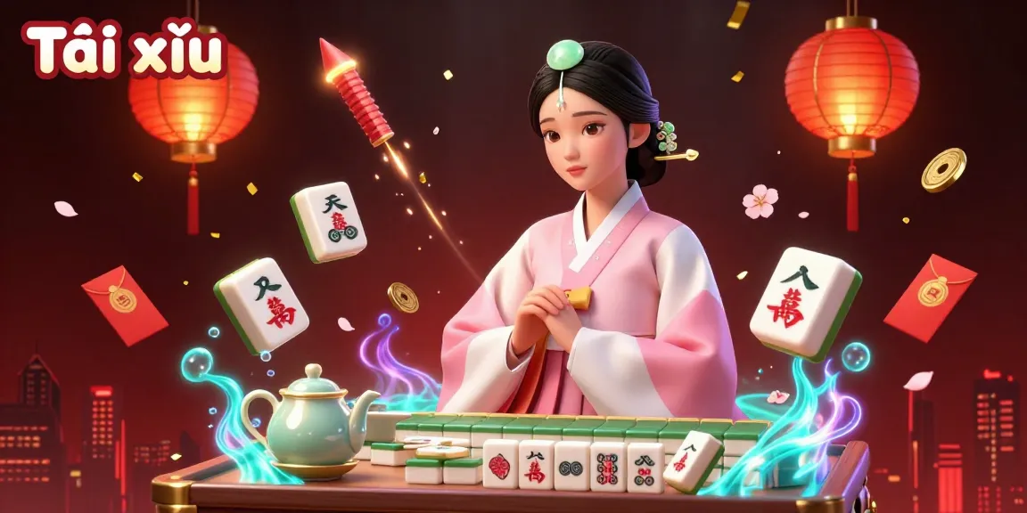 Tái xỉu game scene with an Asian woman, illuminated lanterns, and dynamic mahjong elements.