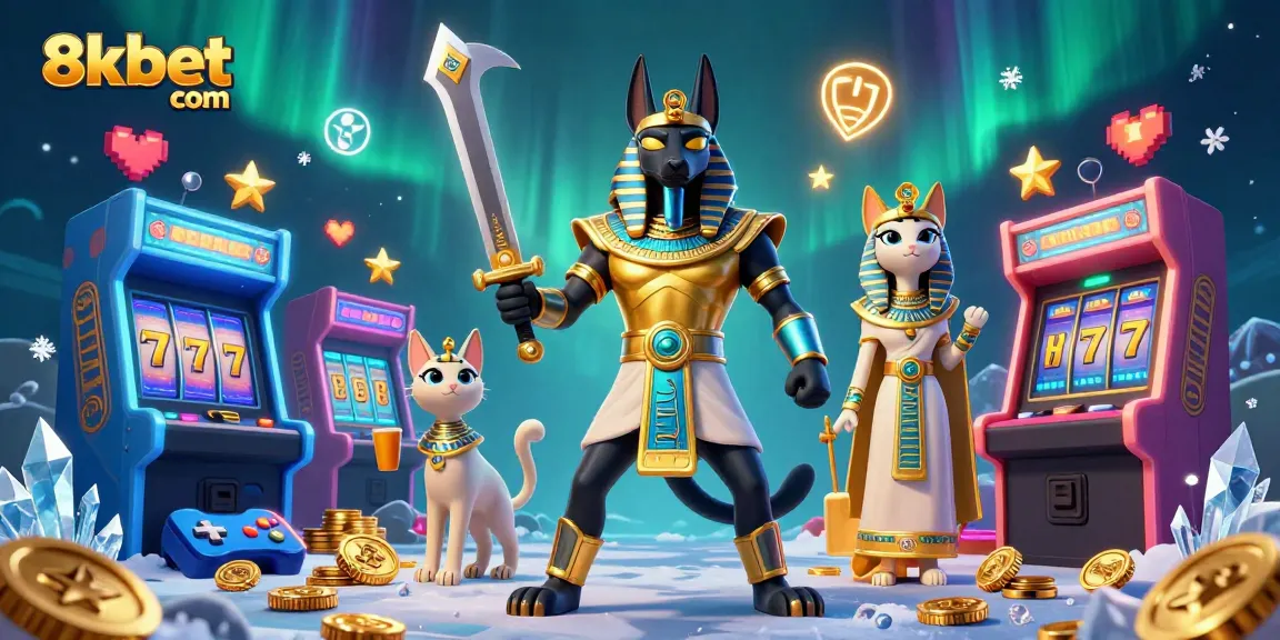 Engage with the vibrant world of 8xbet com, featuring Anubis and Bastet amidst colorful casino elements.