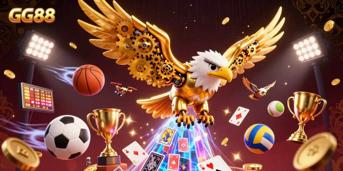 Experience the thrill of GG88 with a dynamic 3D illustration showcasing vibrant gaming elements and a cybernetic eagle.