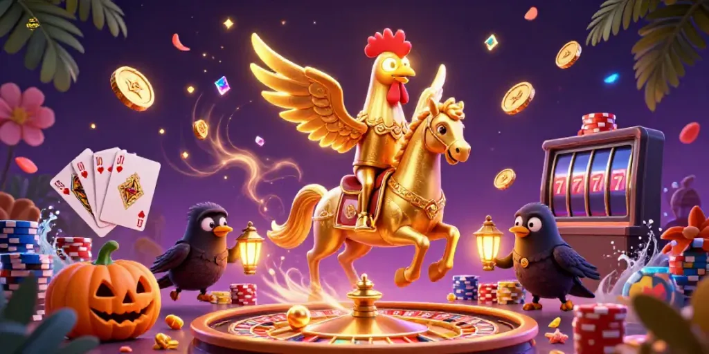 Experience slot gacor with a golden rooster riding through a magical casino filled with treasures.