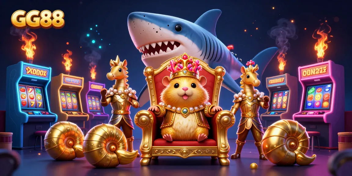 Spin the reels of GG88 in this vibrant casino scene featuring a hamster king and dynamic game elements.