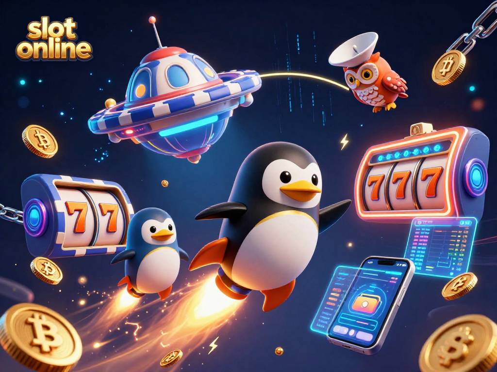 Menangkan slot online dengan karakter penguin emas meluncur ke kasino, dikelilingi koin Crypto.