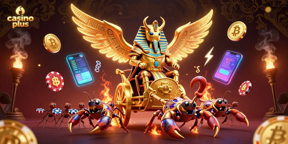 Bet on casino plus adventures with a giant golden scarab beetle, scorpions, and poker chips.
