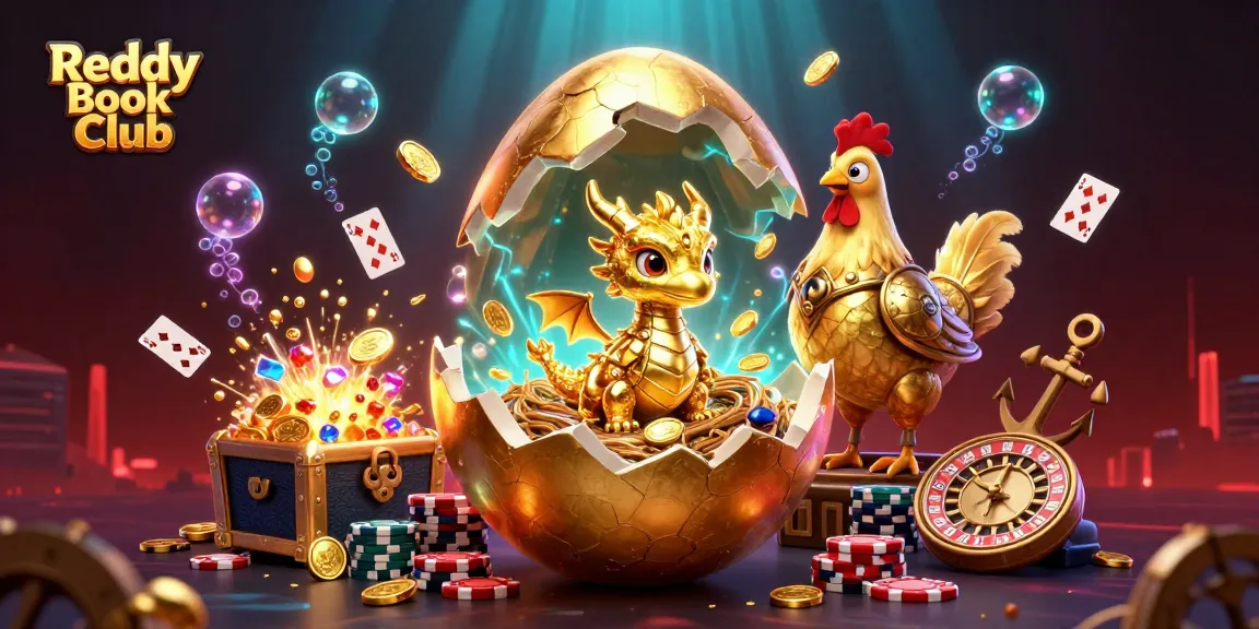 Engage in thrilling betting with Reddy Book Club's golden dragon guarding poker chips and roulette wheels.