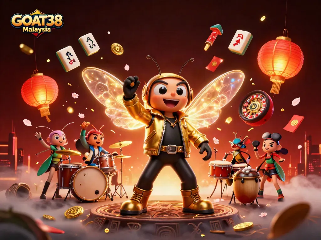Engaging GOAT38 Malaysia casino scene with vibrant characters celebrating lucky wins.